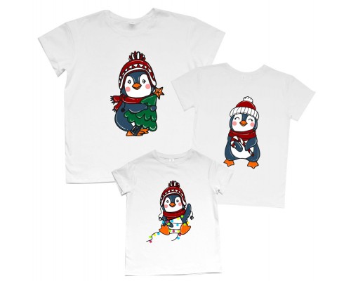 Пінгвіни з гірляндою - новорічний комплект сімейних футболок купити в інтернет магазині