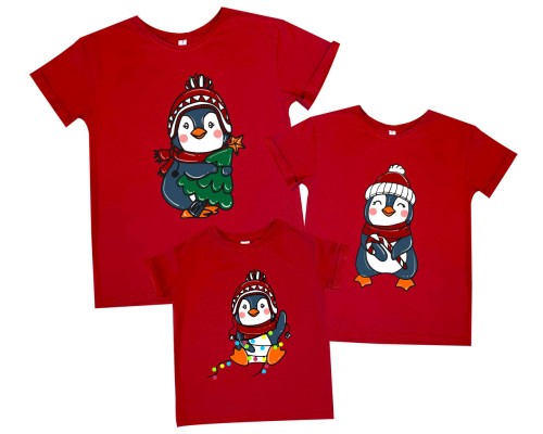 Пінгвіни з гірляндою - новорічний комплект сімейних футболок купити в інтернет магазині
