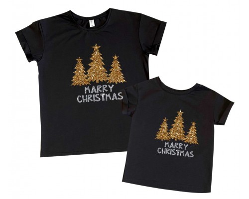 Merry Christmas гліттер - комплект новорічних футболок для мами та доньки купити в інтернет магазині