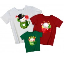 Сніговики в чашках - комплект новорічних футболок для всієї сім'ї
