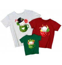 Снеговики в чашках - комплект новогодних футболок для всей семьи