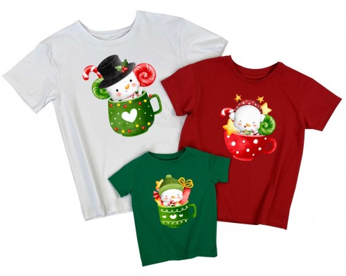 Снеговики в чашках - комплект новогодних футболок для всей семьи купить в интернет магазине