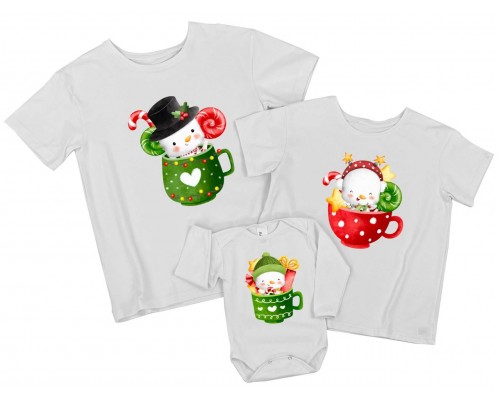 Снеговики в чашках - комплект новогодних футболок для всей семьи купить в интернет магазине