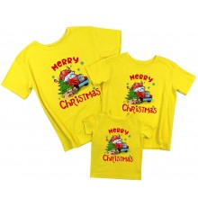 Merry Christmas машина с рогами - комплект новогодних футболок для всей семьи