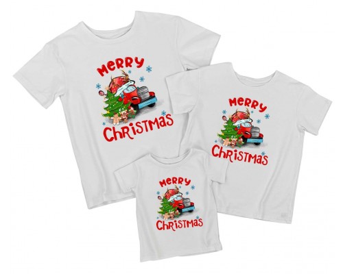 Merry Christmas машина с рогами - комплект новогодних футболок для всей семьи купить в интернет магазине