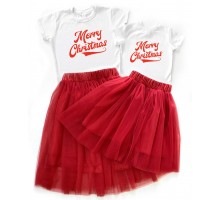Merry Christmas - новогодний комплект для мамы и дочки футболка +юбка фатиновая балерина