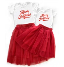 Merry Christmas - новогодний комплект для мамы и дочки футболка +юбка фатиновая балерина