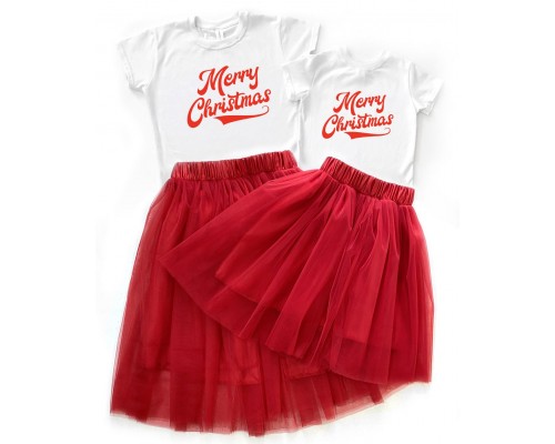 Merry Christmas - новорічний комплект для мами та доньки футболка +спідниця фатинова балерина купити в інтернет магазині