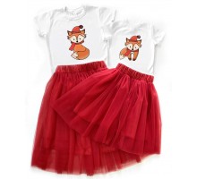 Лисички - новогодний комплект для мамы и дочки футболка + юбка фатиновая балерина
