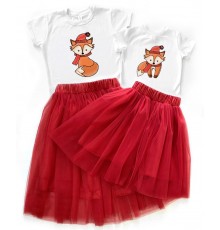 Лисички - новорічний комплект для мами та доньки футболка + спідниця фатинова балерина