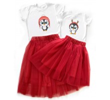 Пингвинчики - новогодний комплект для мамы и дочки футболка + юбка фатиновая балерина
