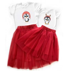 Пингвинчики - новогодний комплект для мамы и дочки футболка + юбка фатиновая балерина