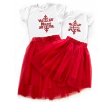Сніжинки гліттер - новорічний комплект для мами та доньки футболка + спідниця фатинова балерина