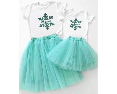Сніжинки гліттер - новорічний комплект для мами та доньки футболка + спідниця фатинова балерина купити в інтернет магазині
