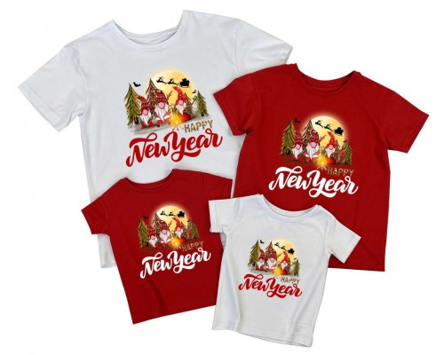 Happy New Year гномики - комплект новорічних футболок для всієї сімї купити в інтернет магазині