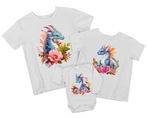Драконы в цветах - комплект новогодних футболок для всей семьи купить в интернет магазине