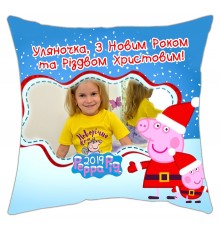 З Новим Роком та Різдвом Христовим! Свинка Пеппа - новорічна подушка декоративна з фото на замовлення