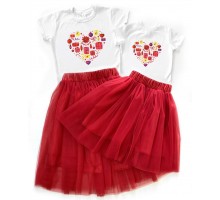 Серце - новорічний комплект для мами та доньки футболка + спідниця фатинова балерина