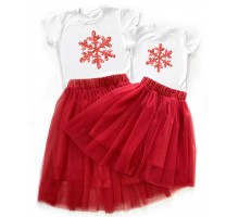 Снежинки - новогодний комплект для мамы и дочки футболка + юбка фатиновая балерина