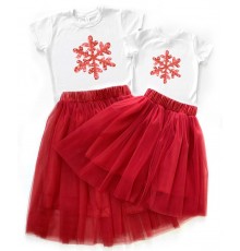 Сніжинки - новорічний комплект для мами та доньки футболка + спідниця фатинова балерина