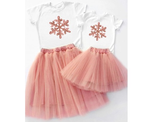 Сніжинки - новорічний комплект для мами та доньки футболка + спідниця фатинова балерина купити в інтернет магазині