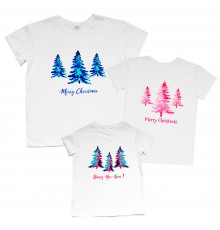 Merry Christmas елочки акварель - новогодний комплект футболок для всей семьи
