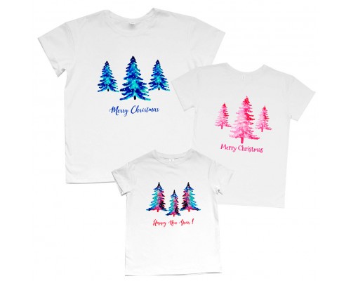 Merry Christmas ялинки акварель - новорічний комплект футболок для всієї родини купити в інтернет магазині
