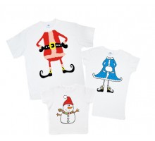 Дед Мороз, снегурочка и снеговик - новогодний комплект футболок для всей семьи