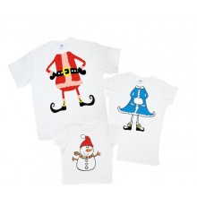 Дед Мороз, снегурочка и снеговик - новогодний комплект футболок для всей семьи