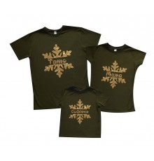 Сніжинки гліттер - новорічний комплект сімейних футболок хакі