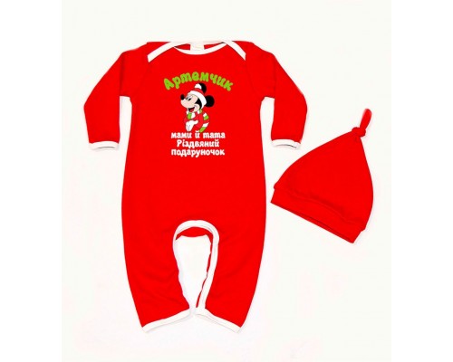 Різдвяний подаруночок із Міккі Маусом - іменний комбінезон-чоловічок для новонароджених купити в інтернет магазині