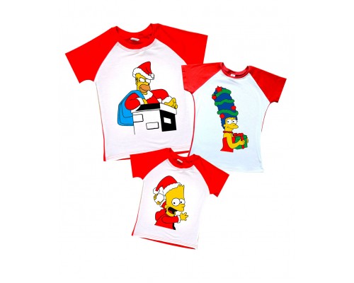 Симпсони новорічні Гомер, Мардж, Барт та Ліса - комплект 2-х кольорових новорічних футболок купити в інтернет магазині