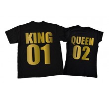 King, Queen - парные футболки для двоих золотой принт с номером