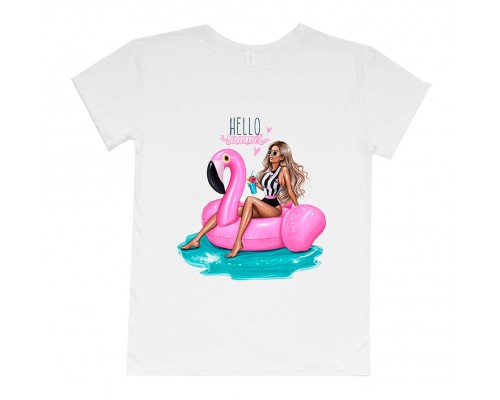 Футболка женская Hello summer на круге фламинго купить в интернет магазине