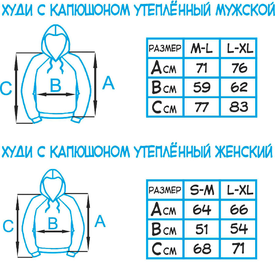 Таблиця розмірів - Худі з капюшоном утеплений чоловічий та жіночий